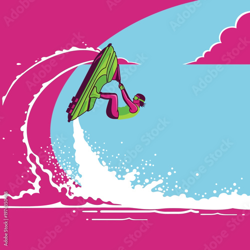 Dynamic Jet Ski Rider Soaring Over A Vibrant Pink Wave Action Shot