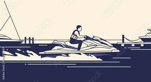 Dynamic Jet Ski Rider Speeding Through Water Near Luxury Yachts