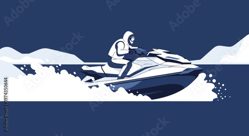 Dynamic Jet Ski Rider Splashing Through Deep Blue Waters