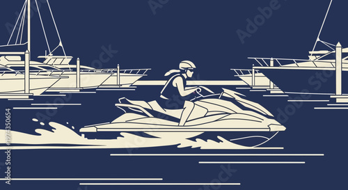 Dynamic Jet Ski Rider Speeds Through Harbor Amidst Luxury Yachts