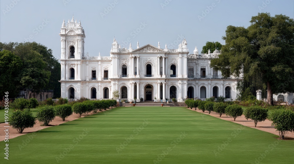 Obraz premium Beautiful landmark sits among green grass and a clear blue sky, showcasing rich history and architecture for visitors to admire