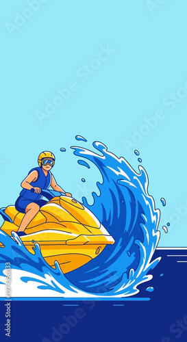 Dynamic Jet Ski Rider Conquers Crashing Ocean Wave Thrilling Water Sport Adventure