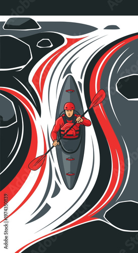 Dynamic Kayaker Navigates Raging Rapids Intense Water Sport Adventure