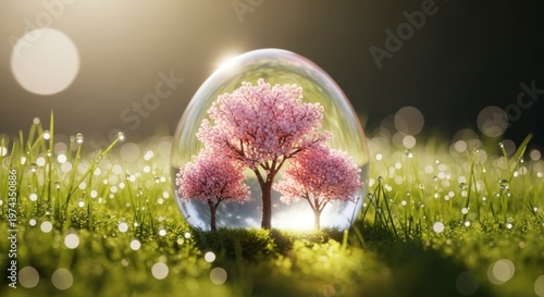 Three pink trees inside a glass sphere on grass with a soft sunlight background