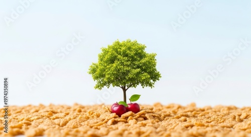 Tiny tree growing on top of red cherries and brown pieces against blue sky