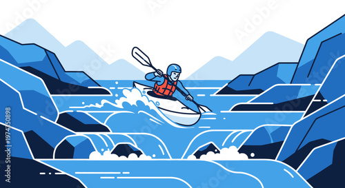 Dynamic Kayaker Navigating Whitewater Rapids in a Stylized Mountain Landscape