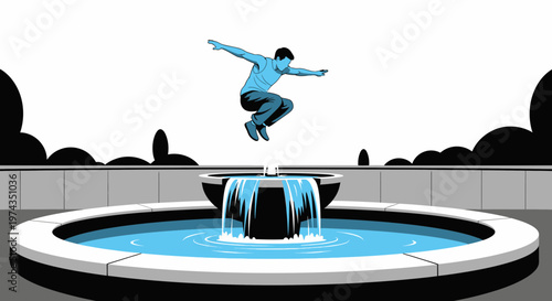 Dynamic Leap Over Fountain Symbolizing Freedom And Achievement