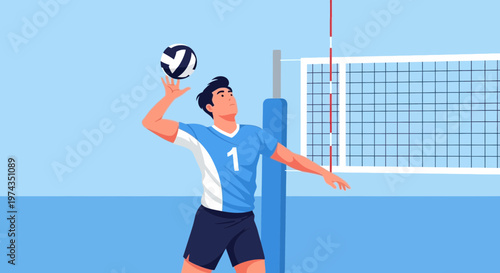 Dynamic Male Athlete Serving Volleyball During Intense Match Competition Action