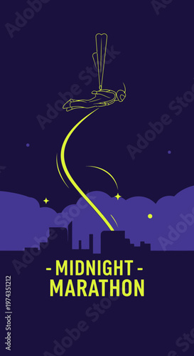 Dynamic Midnight Marathon Runner Soars Above Cityscape Silhouette Under Starry Sky