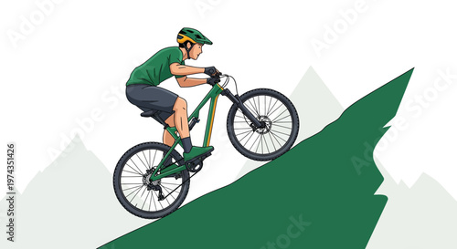 Dynamic Mountain Biker Ascending Steep Green Trail With Mountain Background