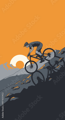 Dynamic Mountain Biker Descending Steep Trail at Sunset