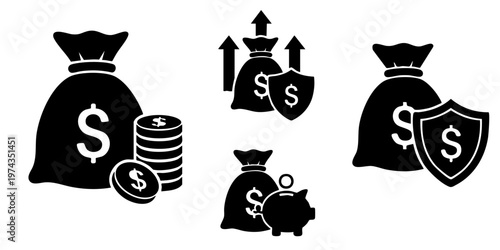 Financial icons with money bags, coins, and a piggy bank on white background