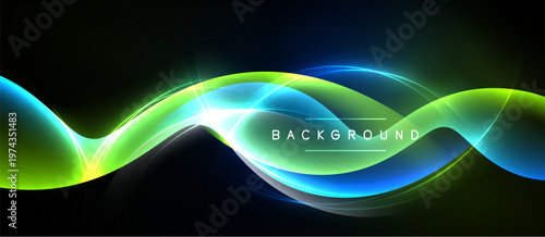 Abstract flowing lines, vibrant colors, dark background. Dynamic wave design creates modern visual effect. Brightness contrasts beautifully.