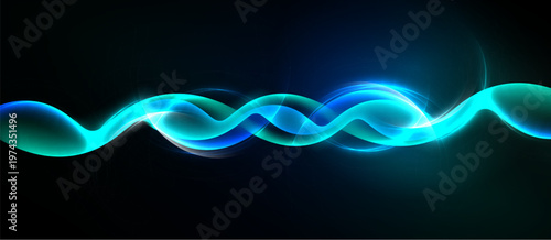 Bright wavy lines flow across dark background. Smooth curves create dynamic visual effect. Vivid blues, teals dominate composition.