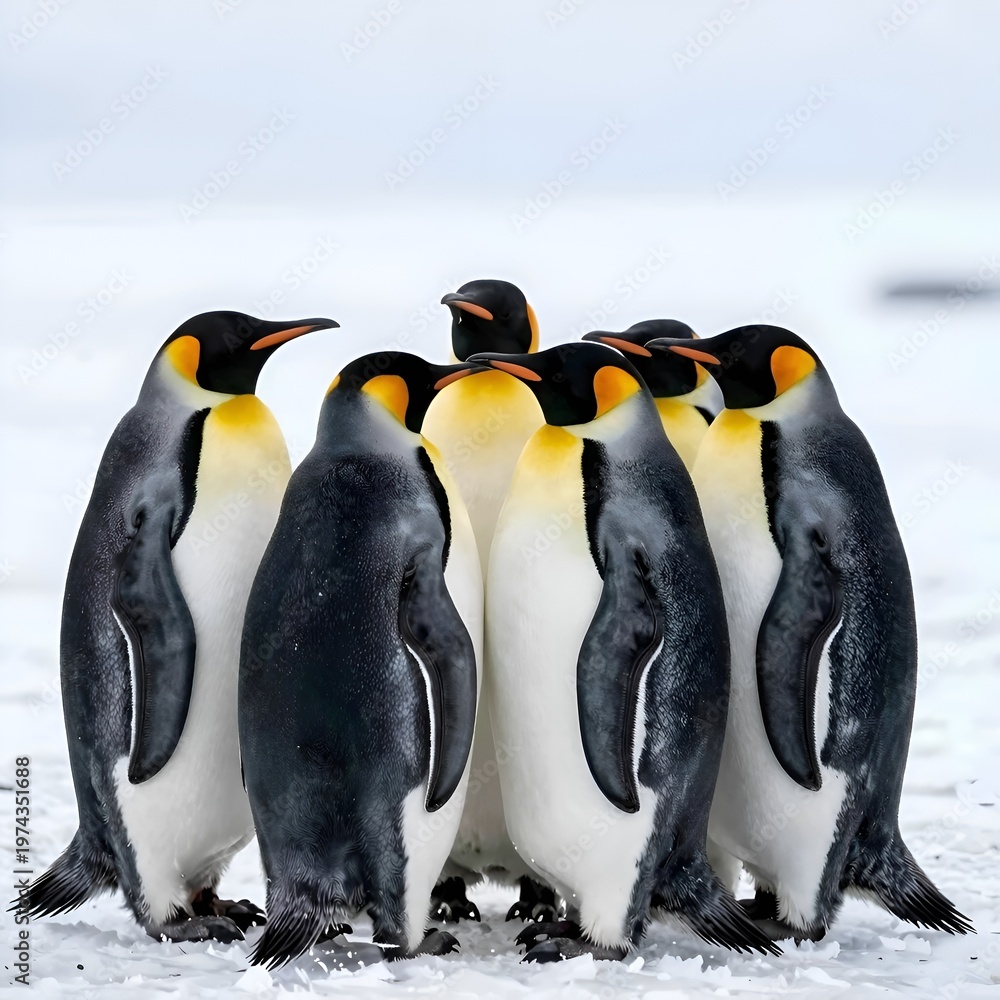 Obraz premium Group of king penguins huddling together on snow for World Penguin Day concept