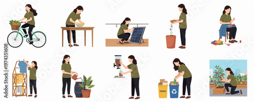 Flat Illustration Woman Doing Daily Sustainable Activities to Protect The Environment