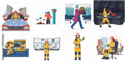 Cartoon Style Detailed Illustration Set of Female Firefighter Characters in Various Workplace Activities