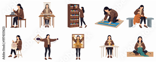 Flat Illustration of Various Craft Activities with Women Artisans Doing Creative Work