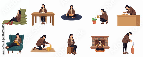 Gentle Cartoon Woman Spending Leisure Time on Home Activities Illustration