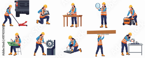 Illustrated Diverse Female Mechanic and Technician Working in Various Poses and Scenarios