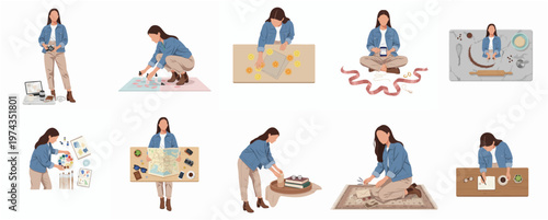 Modern Flat Woman Working On Creative Project Activity Illustration Set