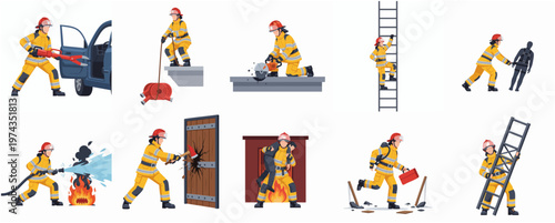 Flat Style Detailed Firefighter Character in Action Poses Set Illustration