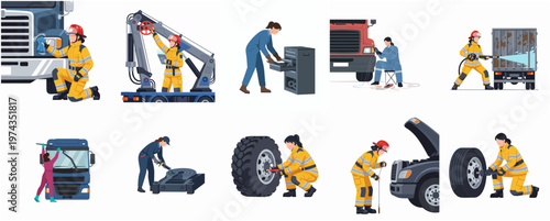 Flat Illustration People Doing Vehicle Maintenance and Repair Work Set Collection
