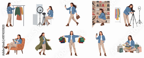 Flat Style Various Pose of Stylish Woman Blogger Fashion Lifestyle