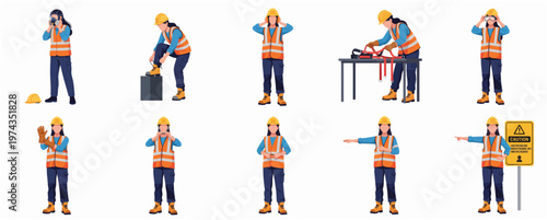 Flat Illustration Female Construction Worker In Different Poses And Actions