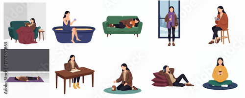 Flat Design Diverse Person Doing Different Activities at Home Illustration
