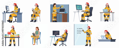 Modern Flat Firefighter in Various Poses Working at Office Illustration