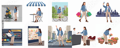 Flat Character Lifestyle Illustration Set with Woman in Different Scenarios