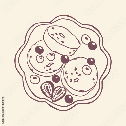 Cheeses pancakes with berries. Hand drawn vector illustration. Doodle style in minimalist orange line style. Trendy morning food vector illustration perfect for branding, menu design and packaging