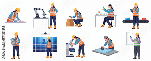 Flat Style Professional Female Engineer Character Set in Different Poses