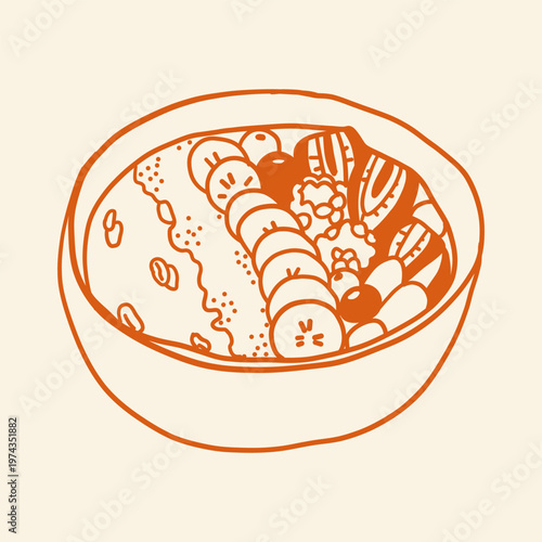 Bowl of oatmeal for breakfast isolated on white background. Healthy food. Vector hand drawn illustration in doodle style. Perfect for recipes, decoration, logo, menu, various designs.