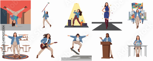 Flat Diverse Woman Different Activities and Professions Illustration Set