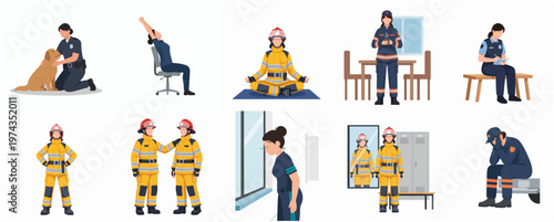 Stylized Diverse First Responder Professions and Emotional Well Being Illustration