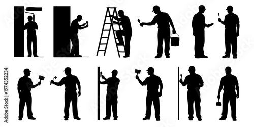 Construction workers in various poses with tools on a building site