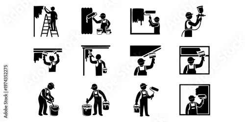 Workers are painting and repairing a building exterior with various tools and equipment