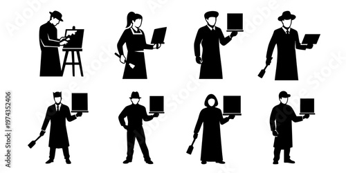 People holding and using laptops and books in various poses and outfits.