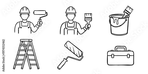 Construction workers painting a wall with tools and equipment