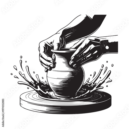 Hands Shaping Clay on Pottery Wheel with Water Splashes, Vector Illustration of Ceramic Artist Crafting a Vase