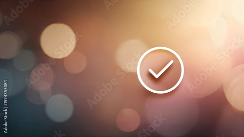 Check Mark Icon Symbol on Blurred Bokeh Background with Golden Light.