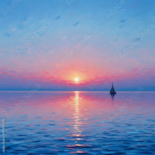Serene Sailboat on Calm Ocean at Vibrant Sunset, Peaceful Sea Reflection