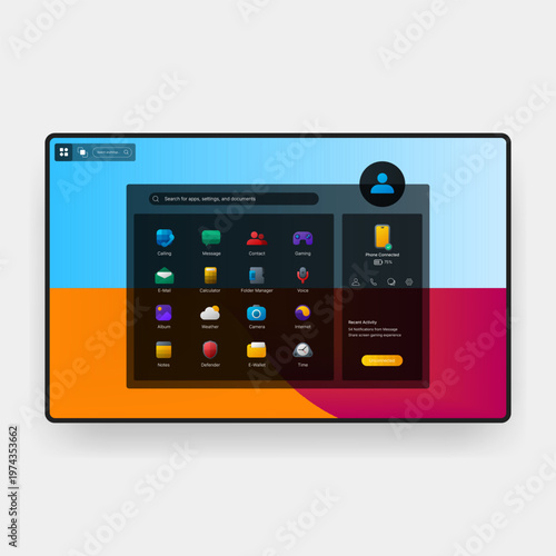 Modern desktop UI dashboard with app library and profile