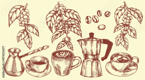 Cuadro en lienzo Set with coffee, beans, drinks, coffee maker