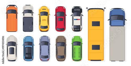 Top view vehicle set, taxi police car bus pickup truck cargo van sedan SUV collection. Transport, navigation, logistics, fleet, city map, mobility app design. Vector illustration