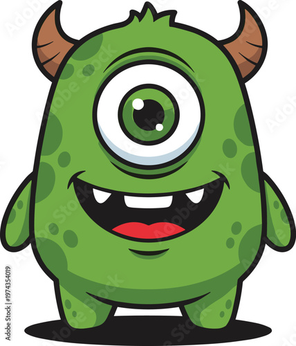 Cute green one-eyed monster mascot with horns, friendly alien character vector illustration for kids, funny cartoon creature isolated on white
