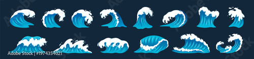 Blue ocean wave cartoon set, curling sea surf, white foam splash. Marine summer design, surfing poster, tropical travel banner, seascape game asset. Vector isolated illustration