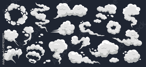 Cartoon smoke cloud set, white steam puffs, swirl trails, gray dust and explode comic effect elements. Game asset, animation overlay motion design. Flat shaded Vector illustration